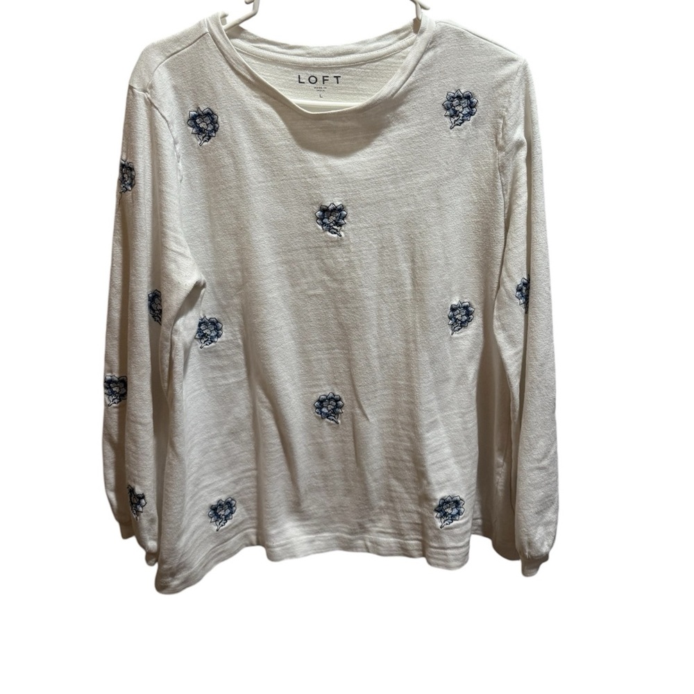 Loft women’s size large  cotton white sweater with blue embroidered flow…
